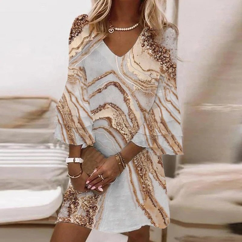Women's Chiffon V-Neck Mini Party Dress - Khaki