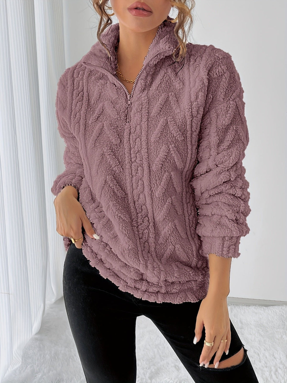 Women's Oversized Quarter-Zip Fleece Jumper - Light Purple