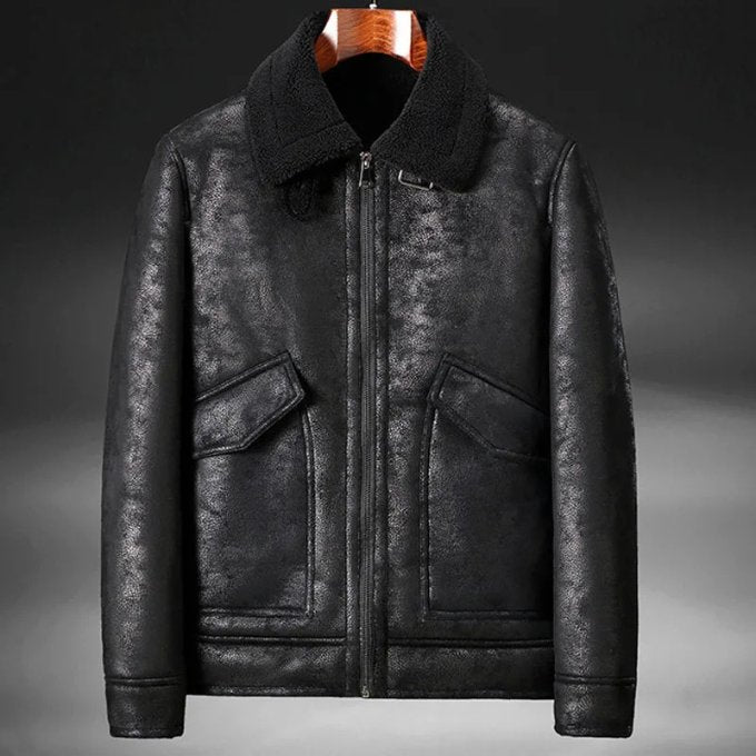 Men's Leather Bomber Jacket - Black