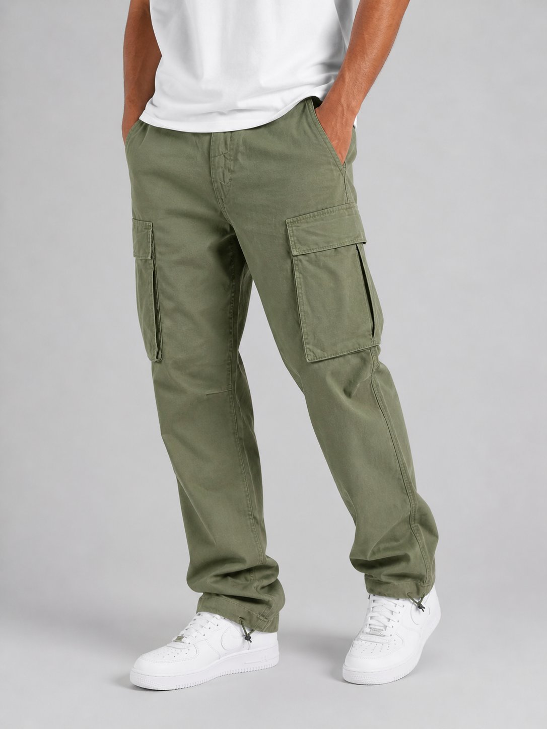 Men's Straight Cargo Trousers - Army Green