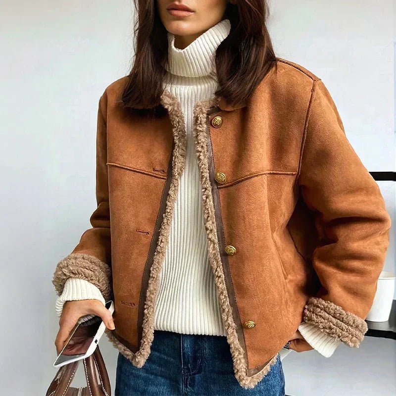Women's Cropped Suede Faux Fur Jacket - Brown