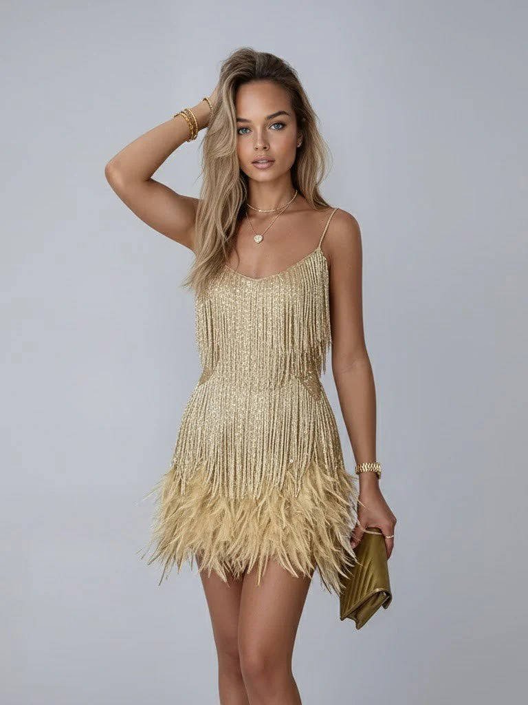 Women's Beaded Fringe Mini Party Dress - Gold
