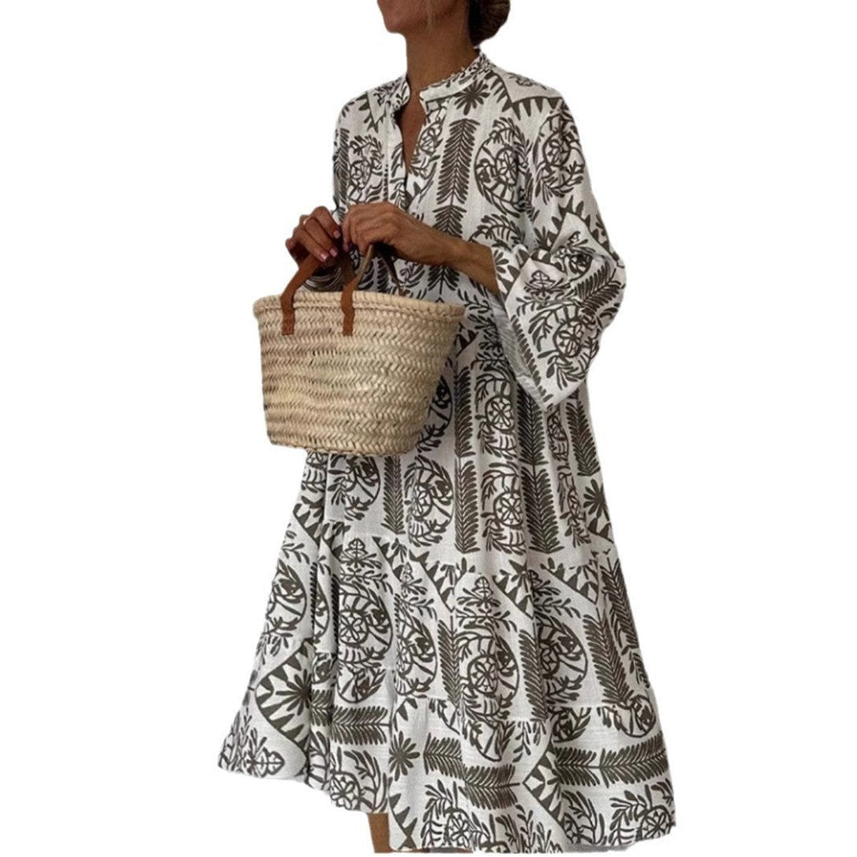 Women's Long Sleeve Floral V-Neck Swing Dress