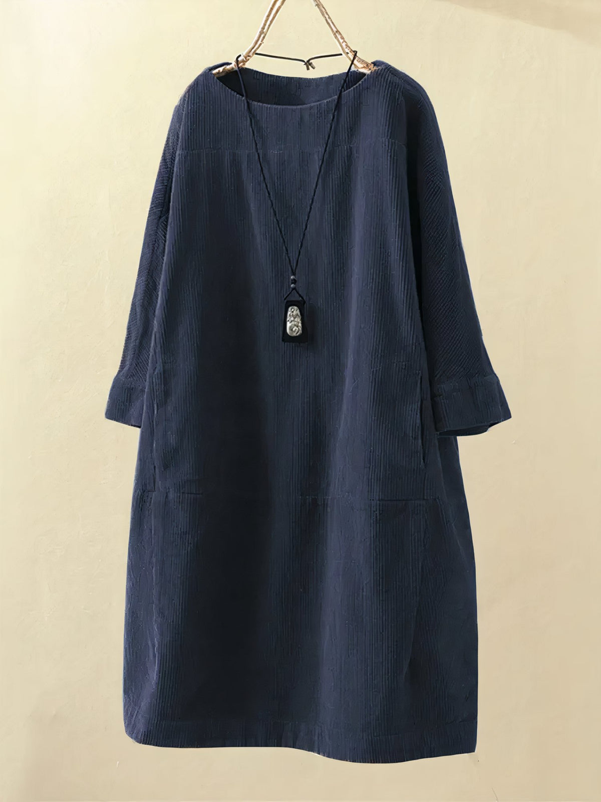 Women's Long Sleeve Striped Oversized Shift Dress - Navy Blue