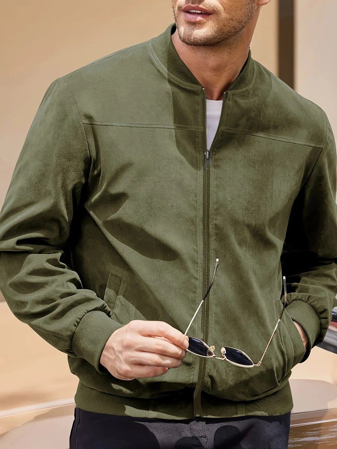 Men's Faux Suede Bomber Jacket - Green