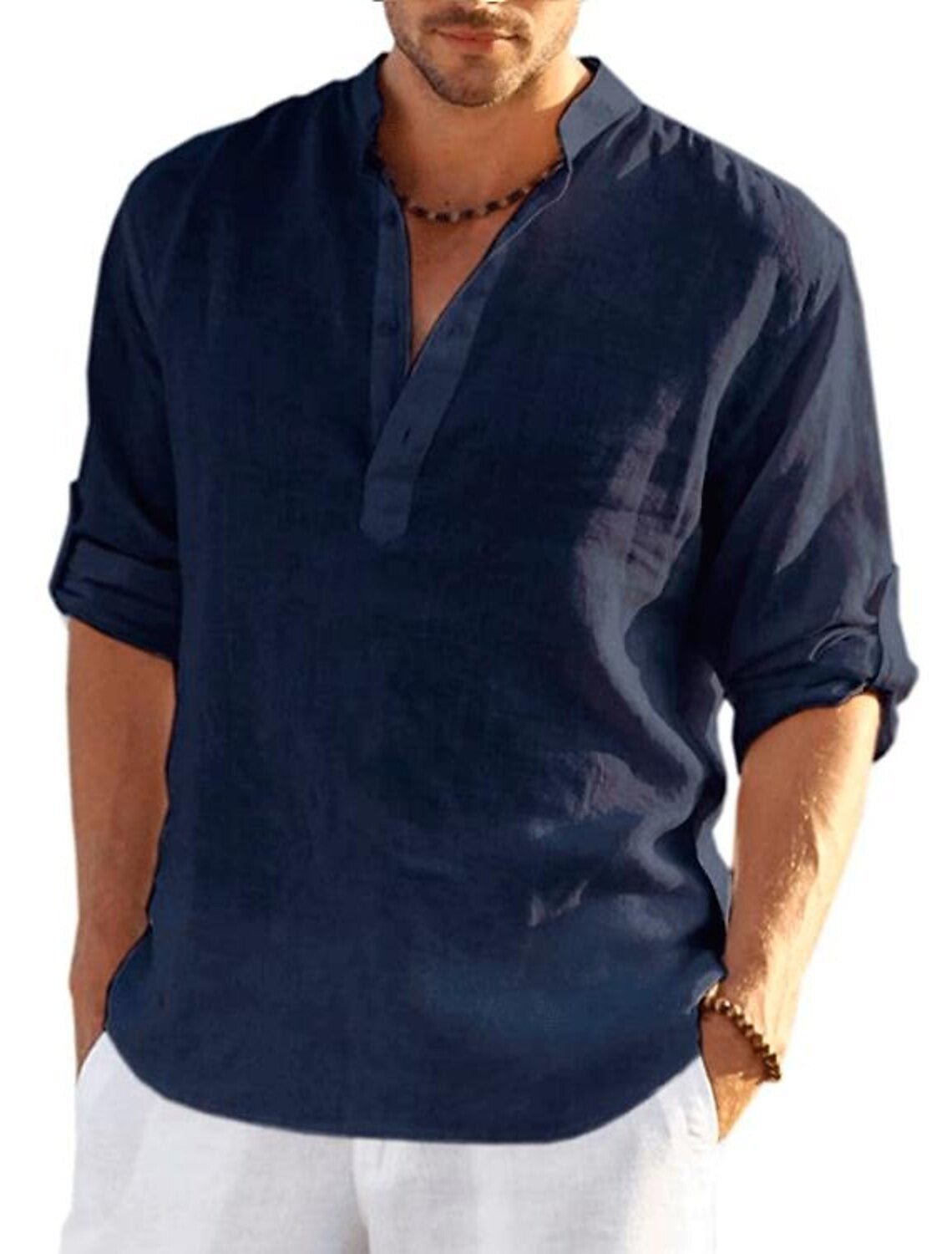 Men's Long Sleeve Beach Shirt - Navy Blue