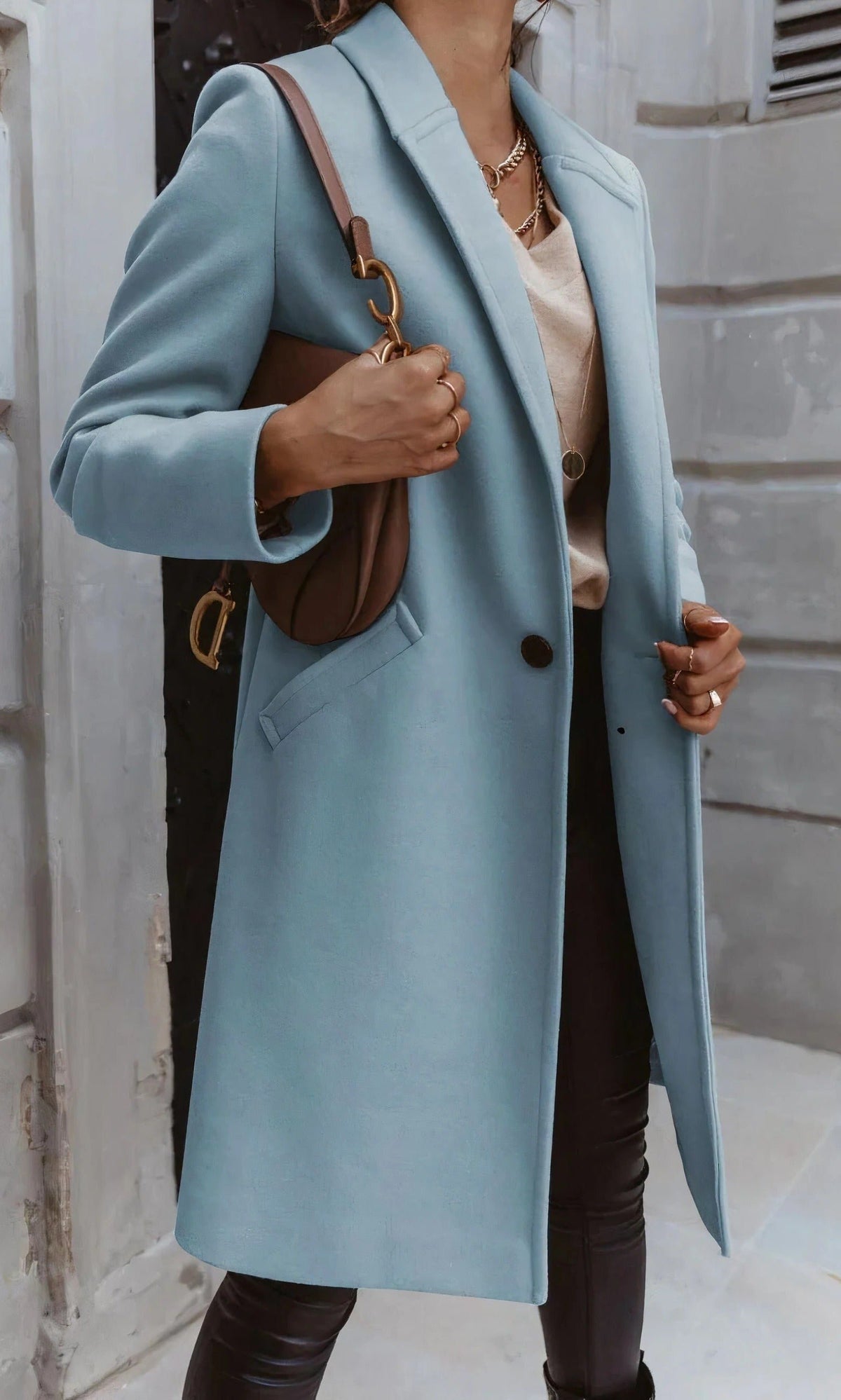 Women's Midi Wool Coat - Light Blue