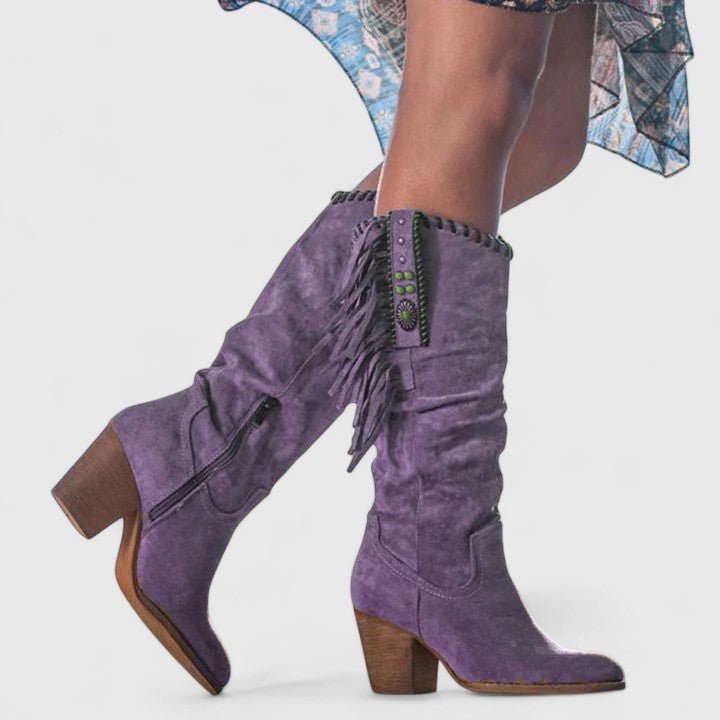 Women's Suede Western Fringe Knee-High Boots - Purple
