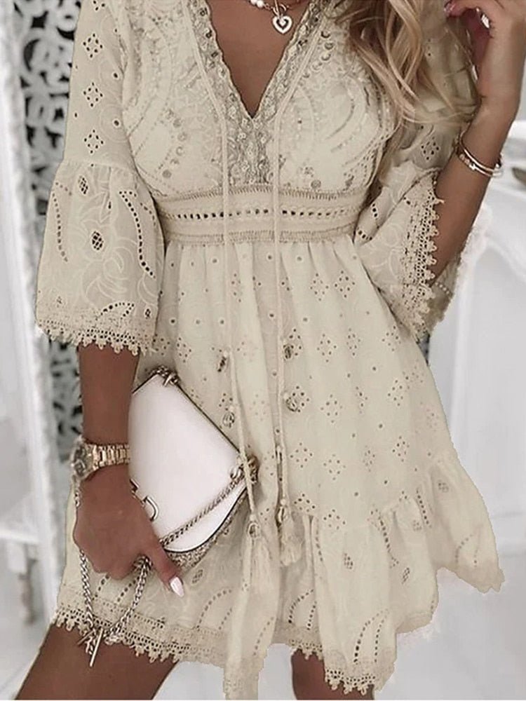 Women's Long Sleeve Boho V-Neck Mini Dress - Beige
