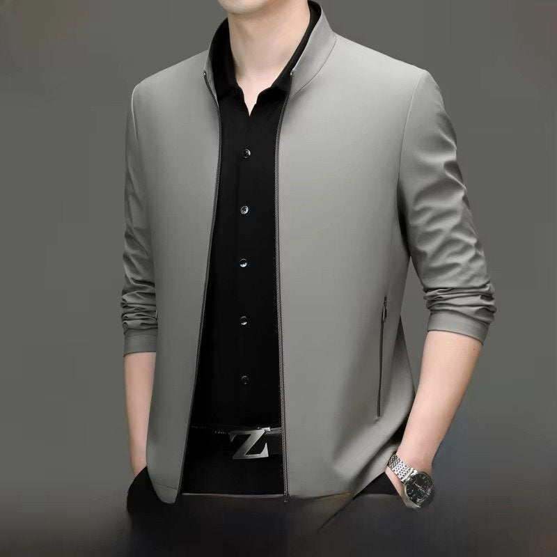 Men's Shirt Collar Zip-Up Jacket - khaki stand collar