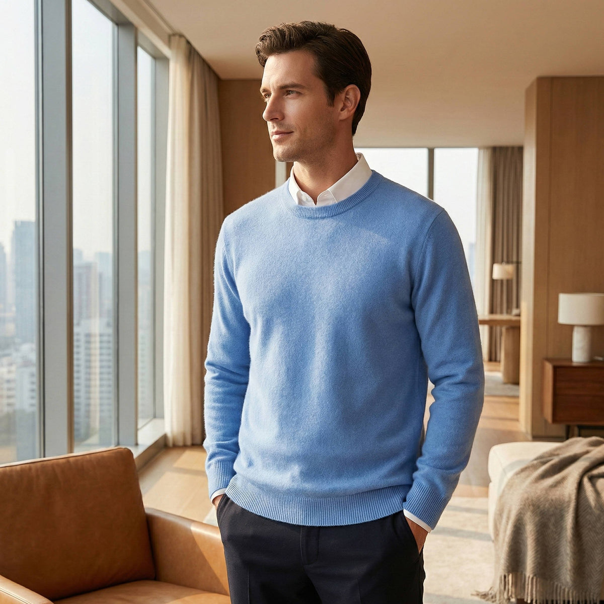 Men's Wool Crew Neck Jumper - Medium Blue