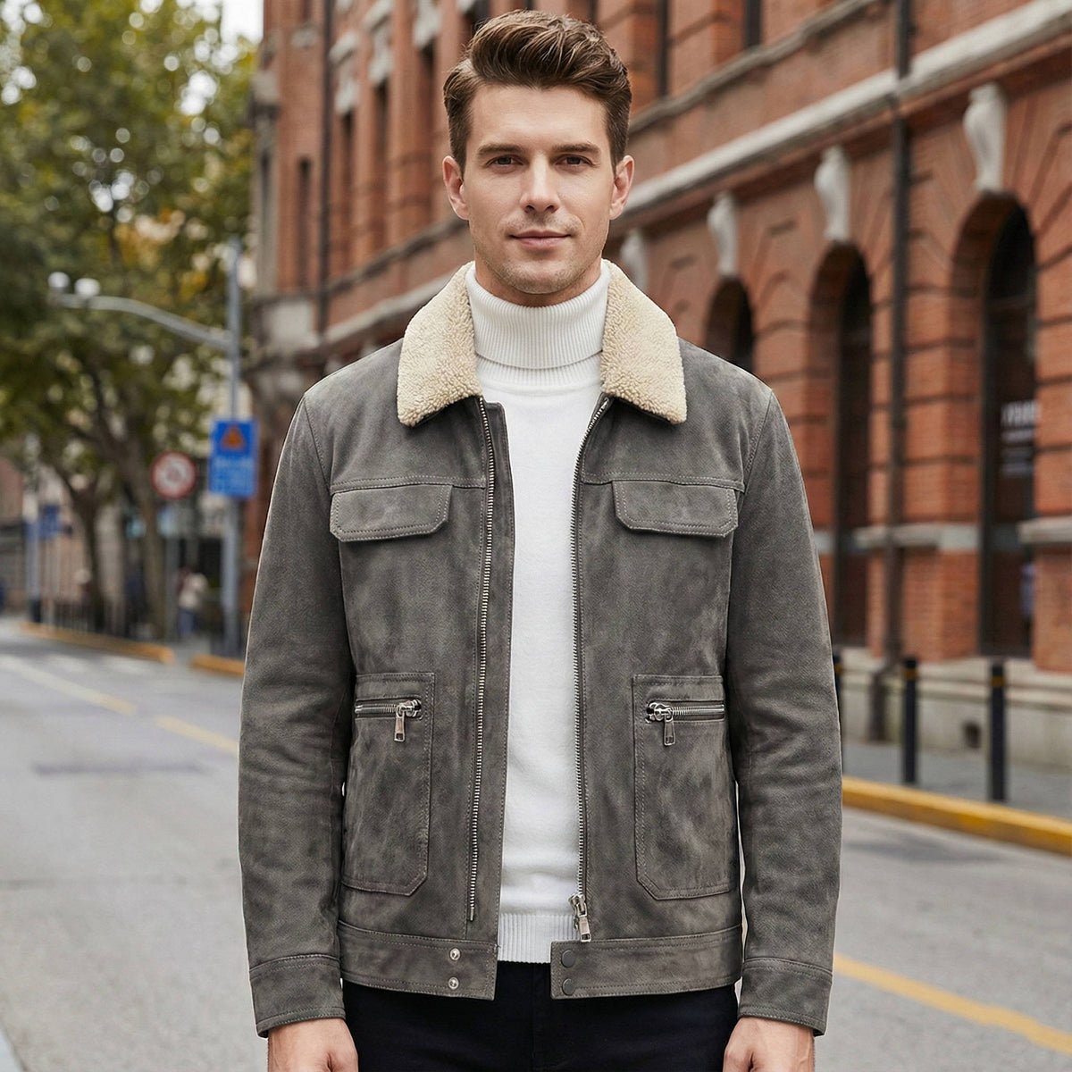 Men's Shearling-Collar Suede Jacket - Gray