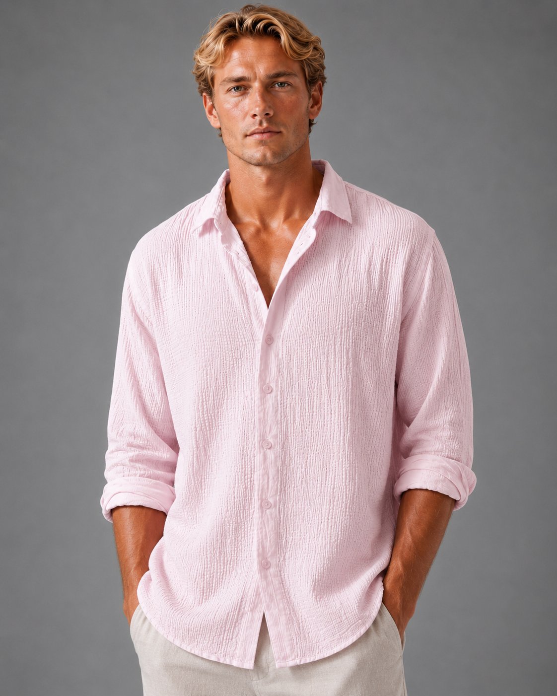 Men's Long Sleeve Crinkle Cotton Shirt - Pink