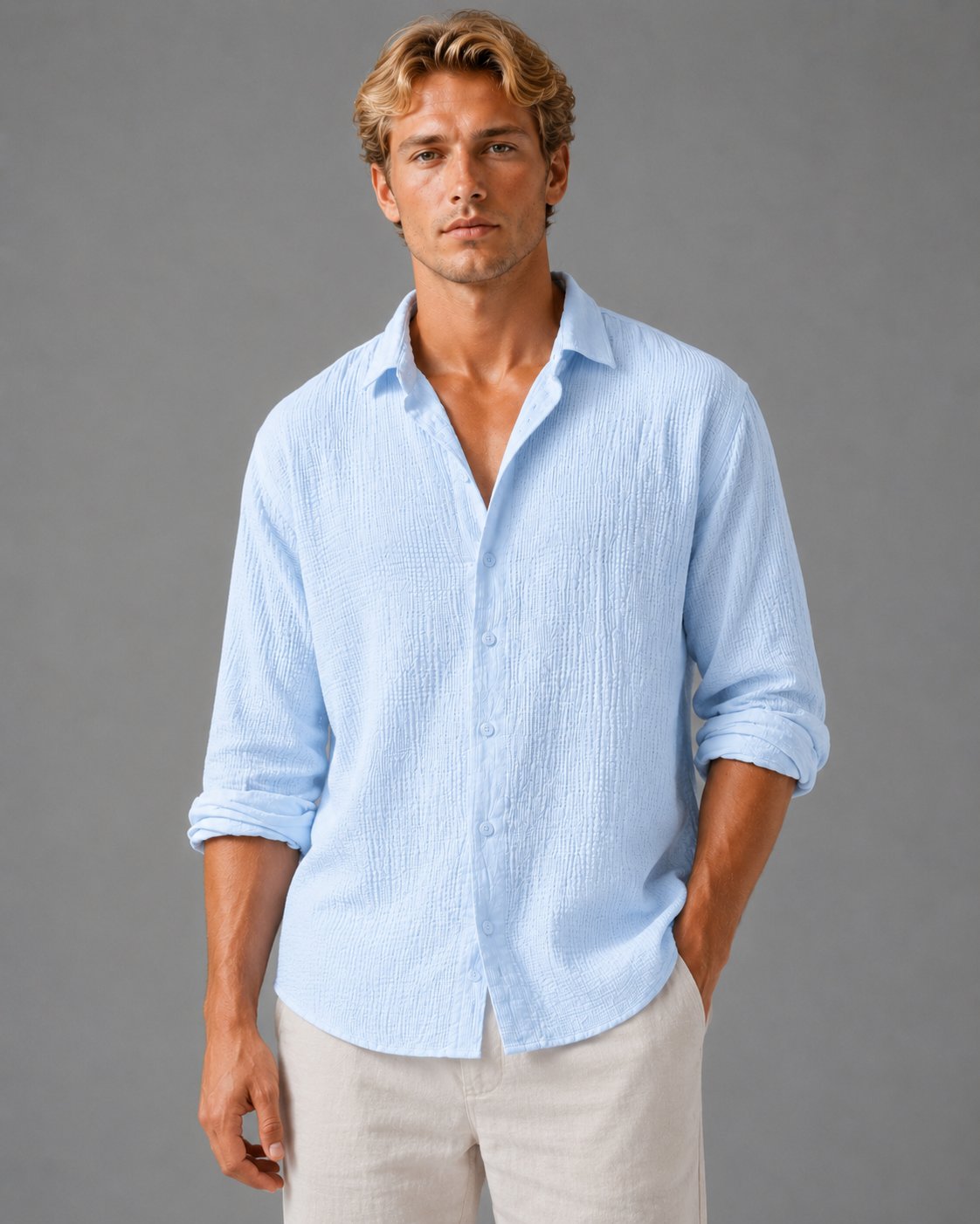 Men's Long Sleeve Crinkle Cotton Shirt - Light Blue