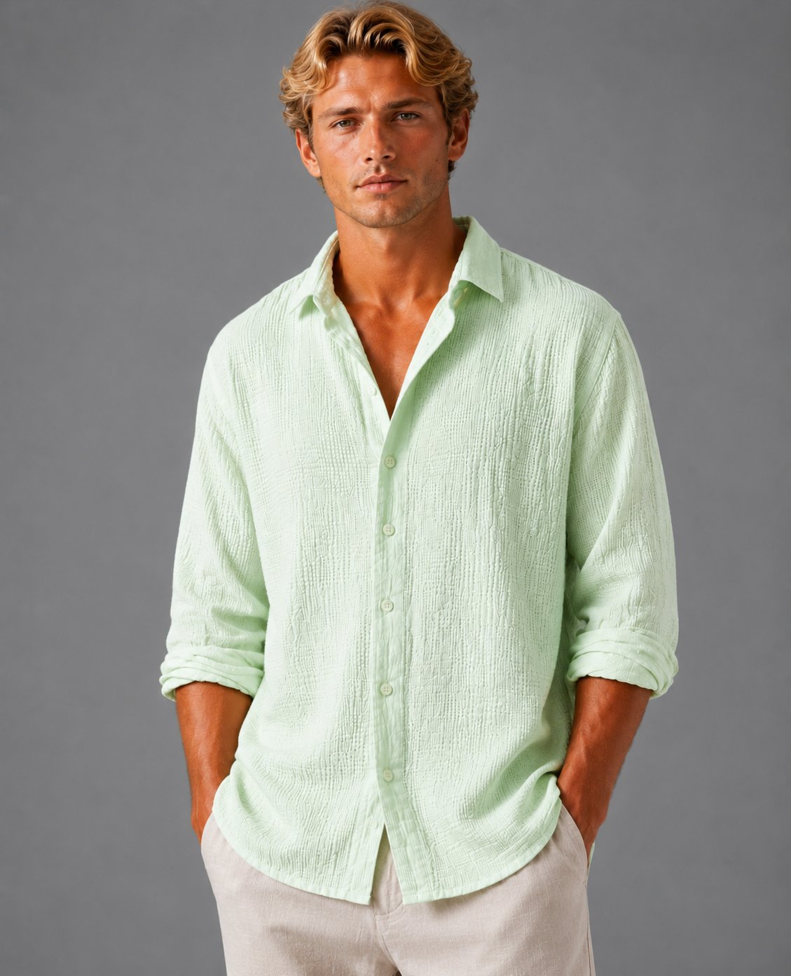 Men's Long Sleeve Crinkle Cotton Shirt - Light Green
