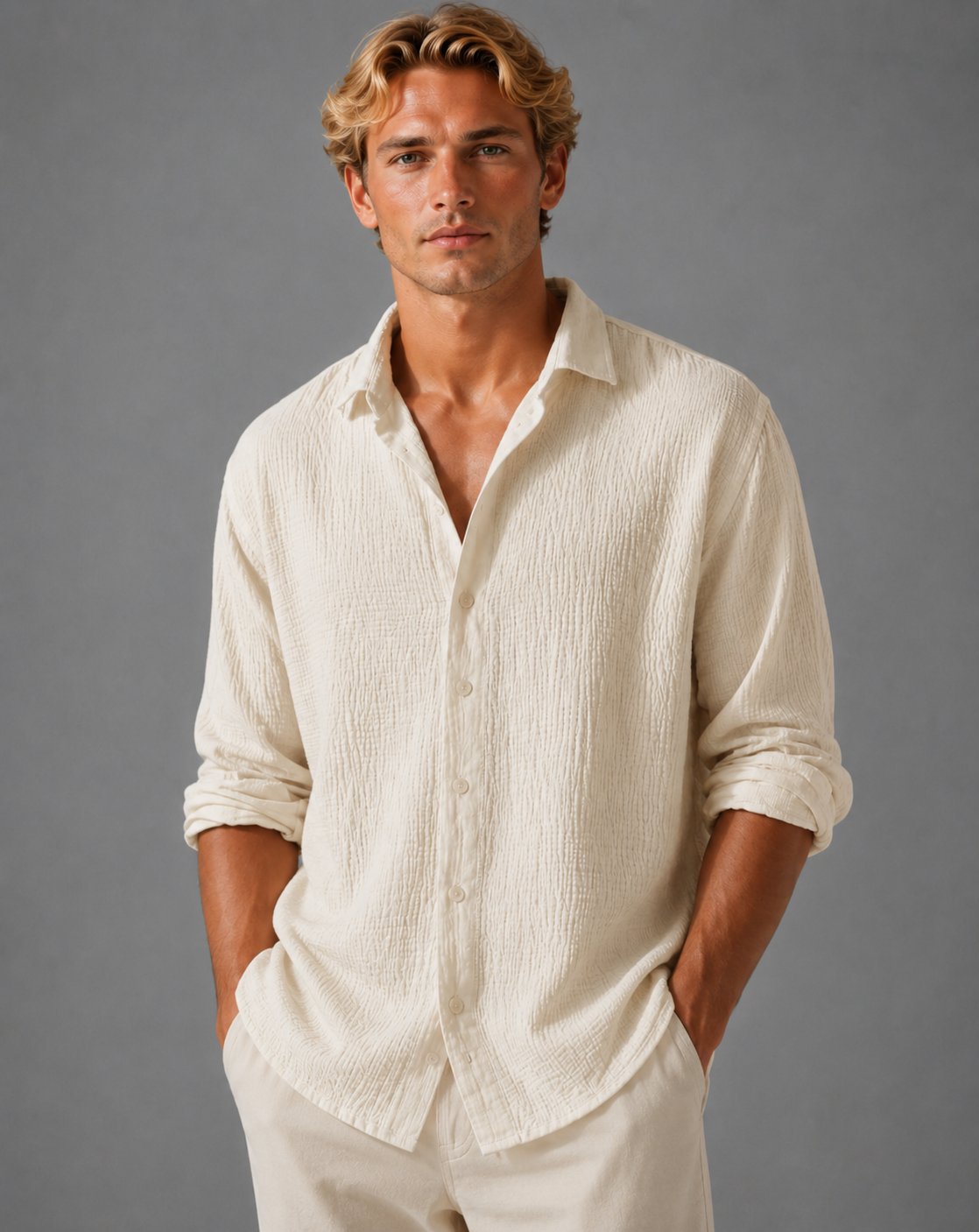 Men's Long Sleeve Crinkle Cotton Shirt - Apricot