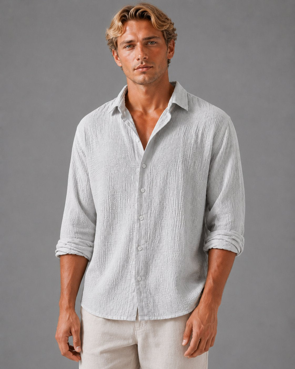 Men's Long Sleeve Crinkle Cotton Shirt - Light Grey