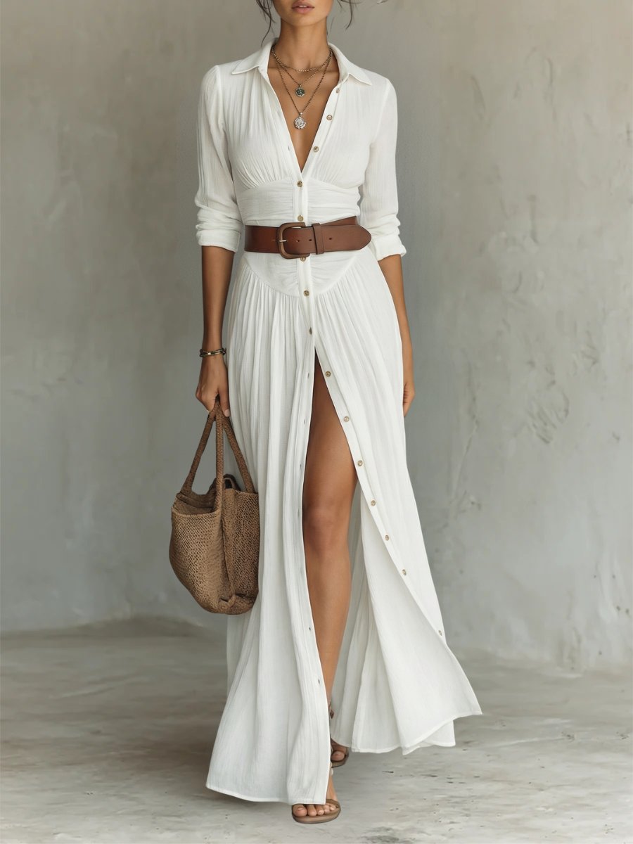 Women's Long Sleeve Vacation Maxi Shirt Dress - White