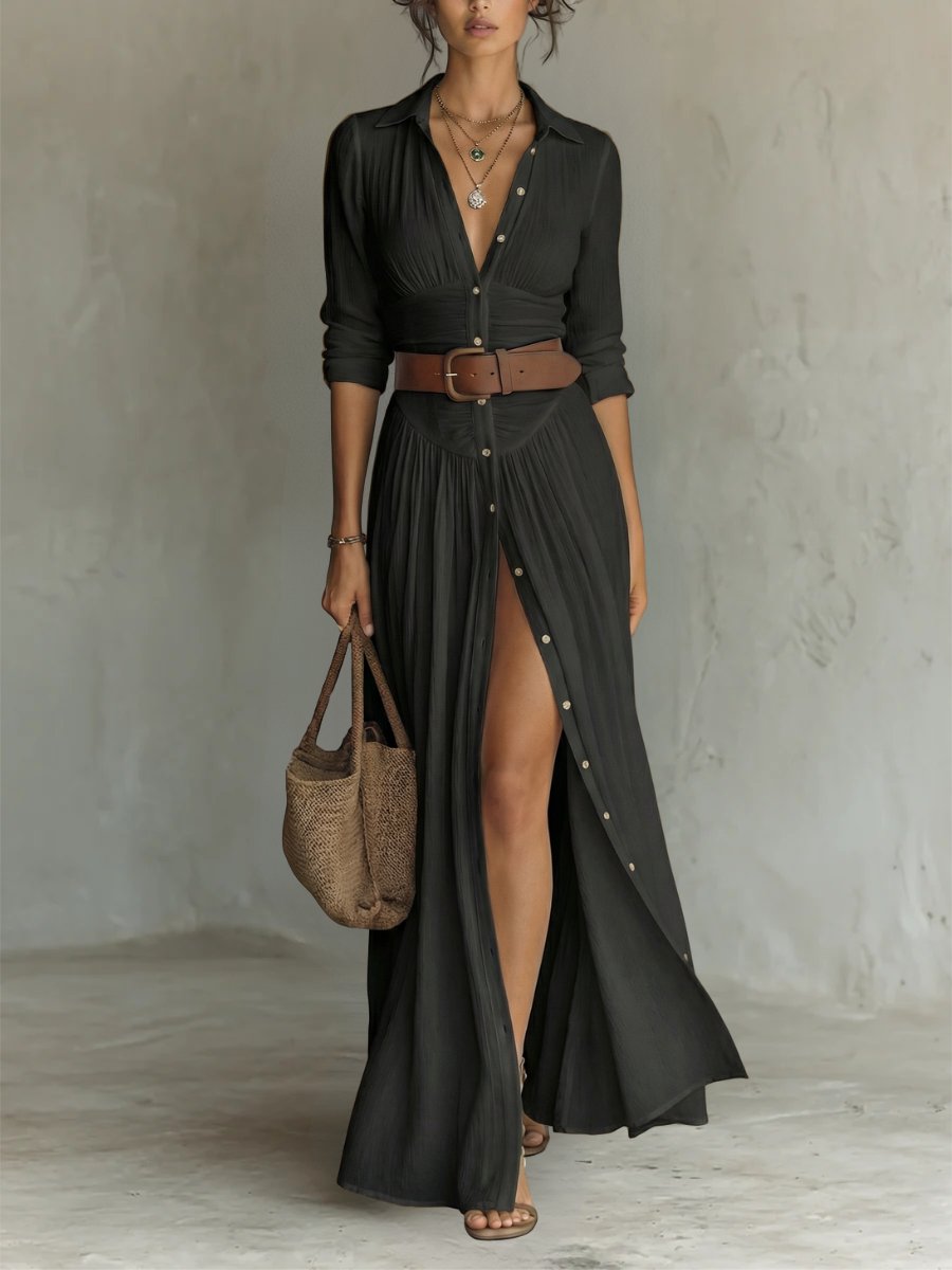 Women's Long Sleeve Vacation Maxi Shirt Dress - Black