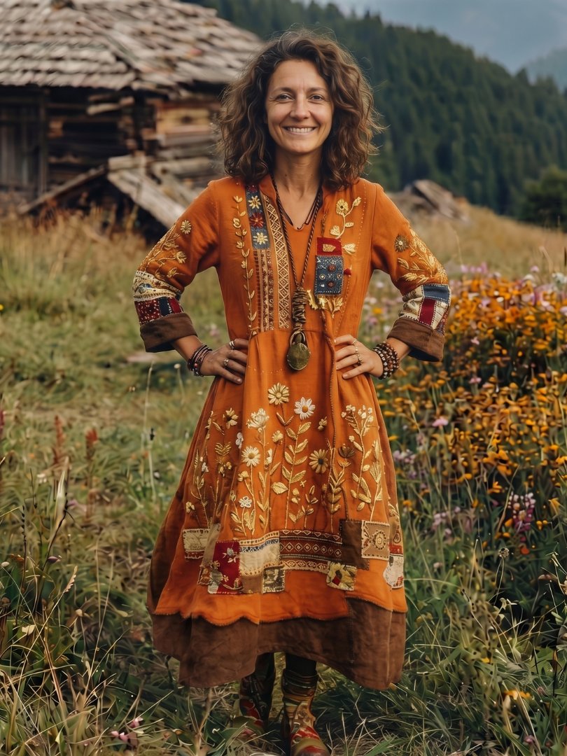 Women's Long Sleeve Floral Midi V-Neck Dress - Orange