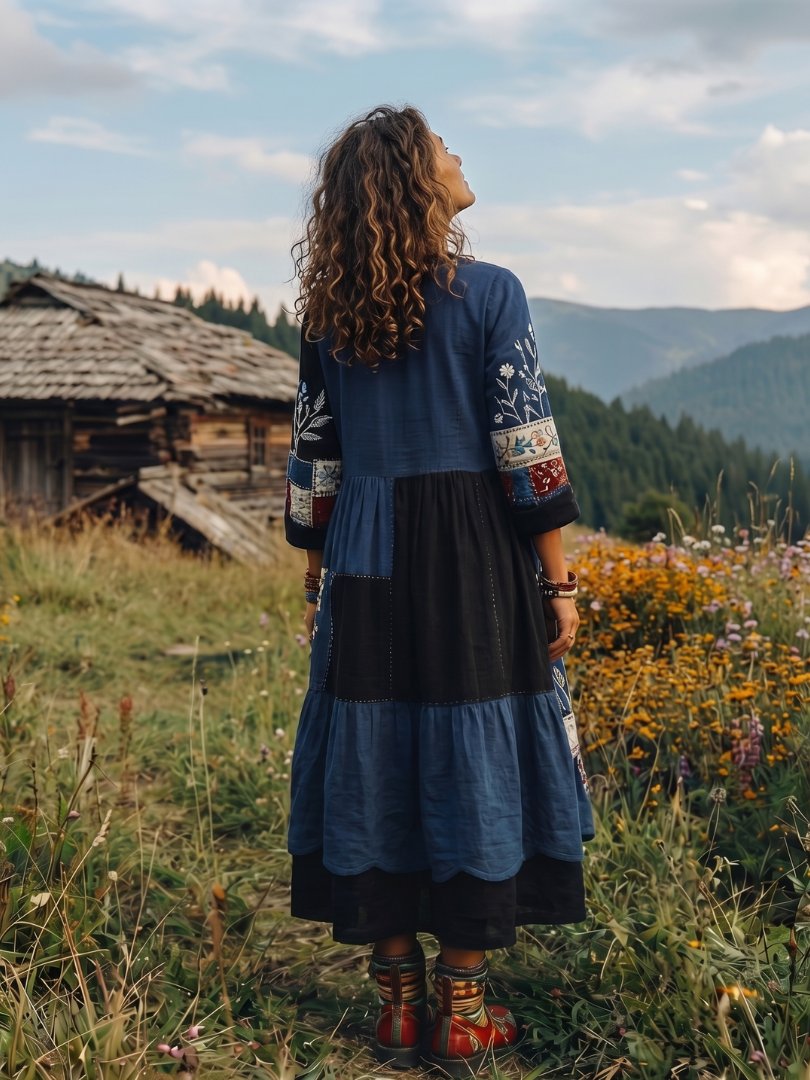 Women's Long Sleeve Floral Midi V-Neck Dress