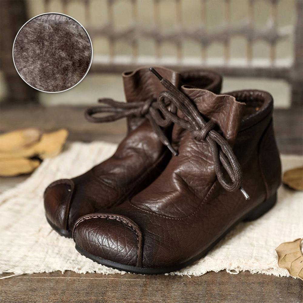 Women's Leather Lace-Up Ankle Boots - Coffee