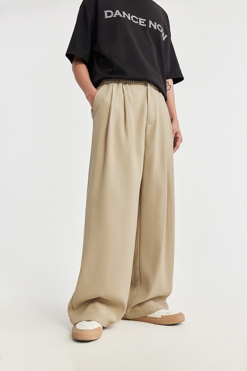 Unisex Pleated Wide-Leg Trousers - Khaki