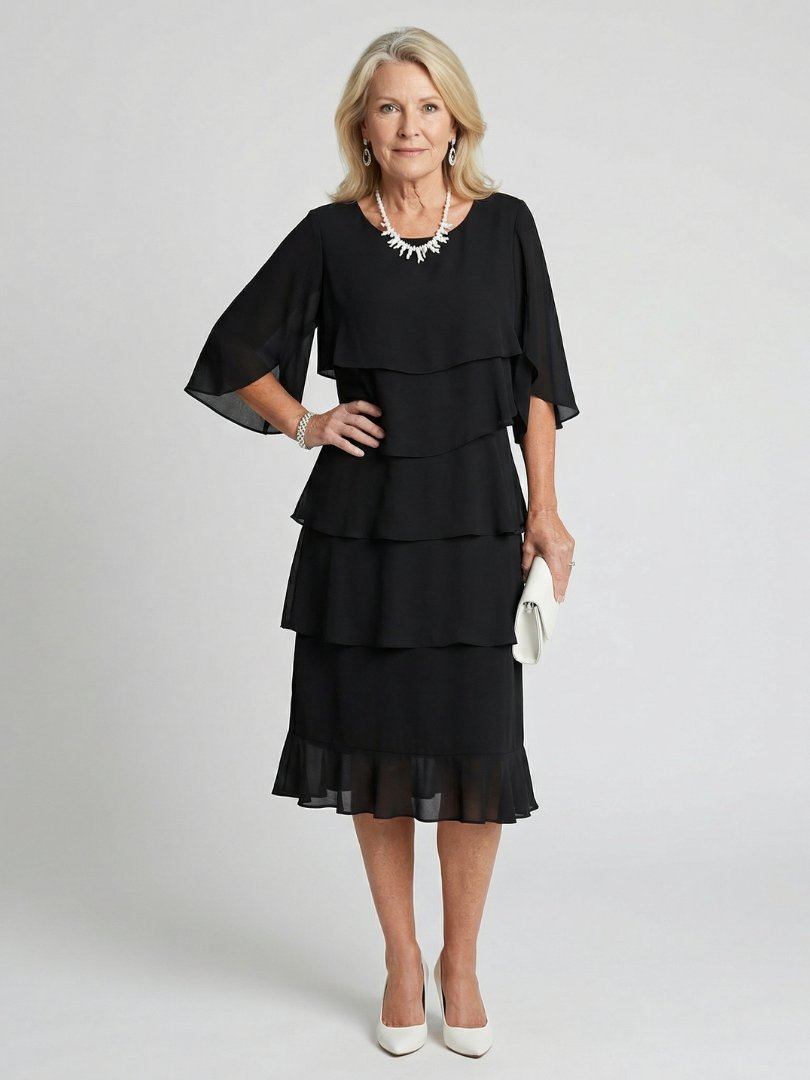 Women's Black Chiffon Tiered Midi Dress - Black