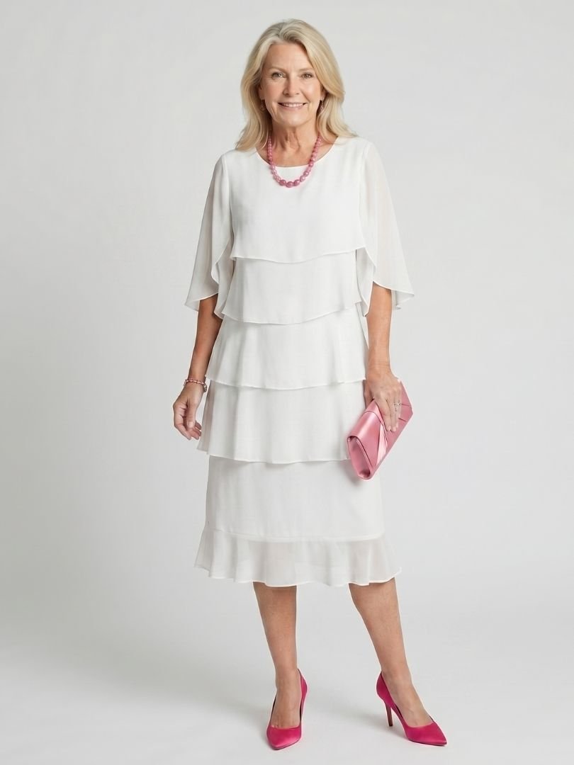 Women's Black Chiffon Tiered Midi Dress - White