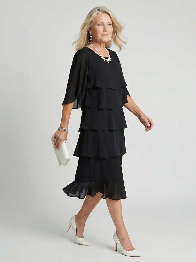 Women's Black Chiffon Tiered Midi Dress