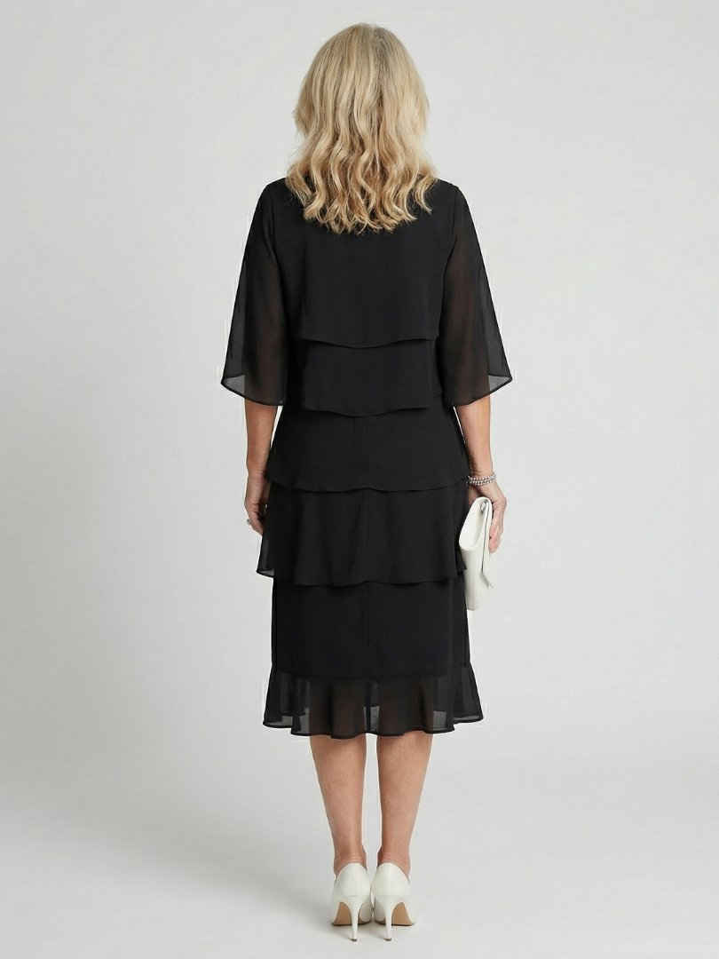 Women's Black Chiffon Tiered Midi Dress