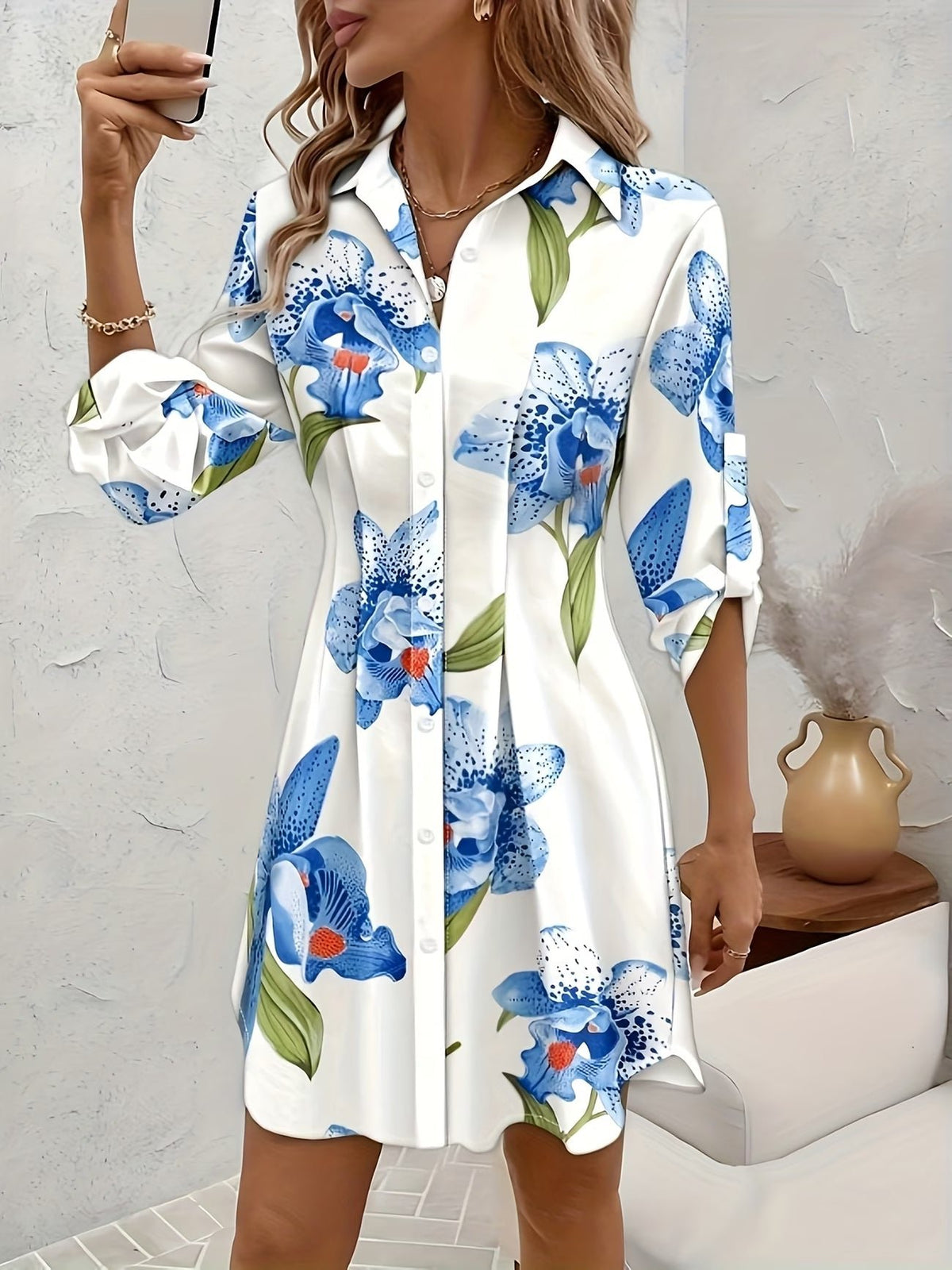Women's Floral Satin Shirt Dress - White