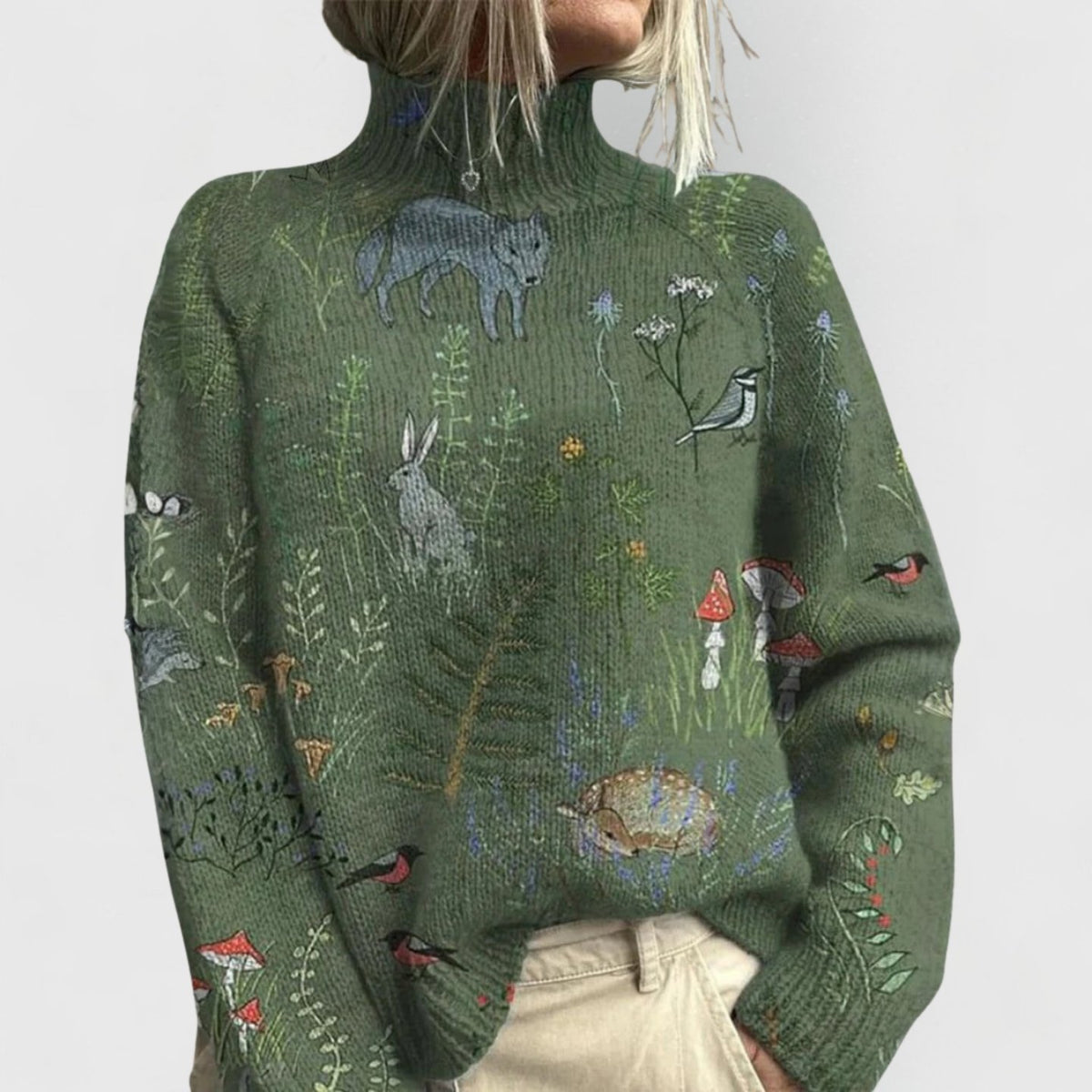 Women's Oversized Floral Knit Roll Neck Jumper - Green