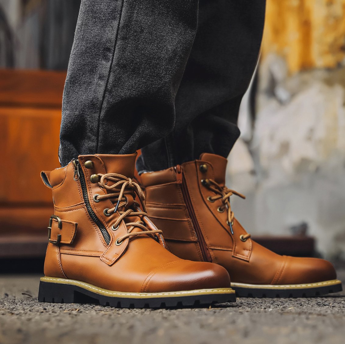 Men's Faux Leather Combat Boots - Light Brown