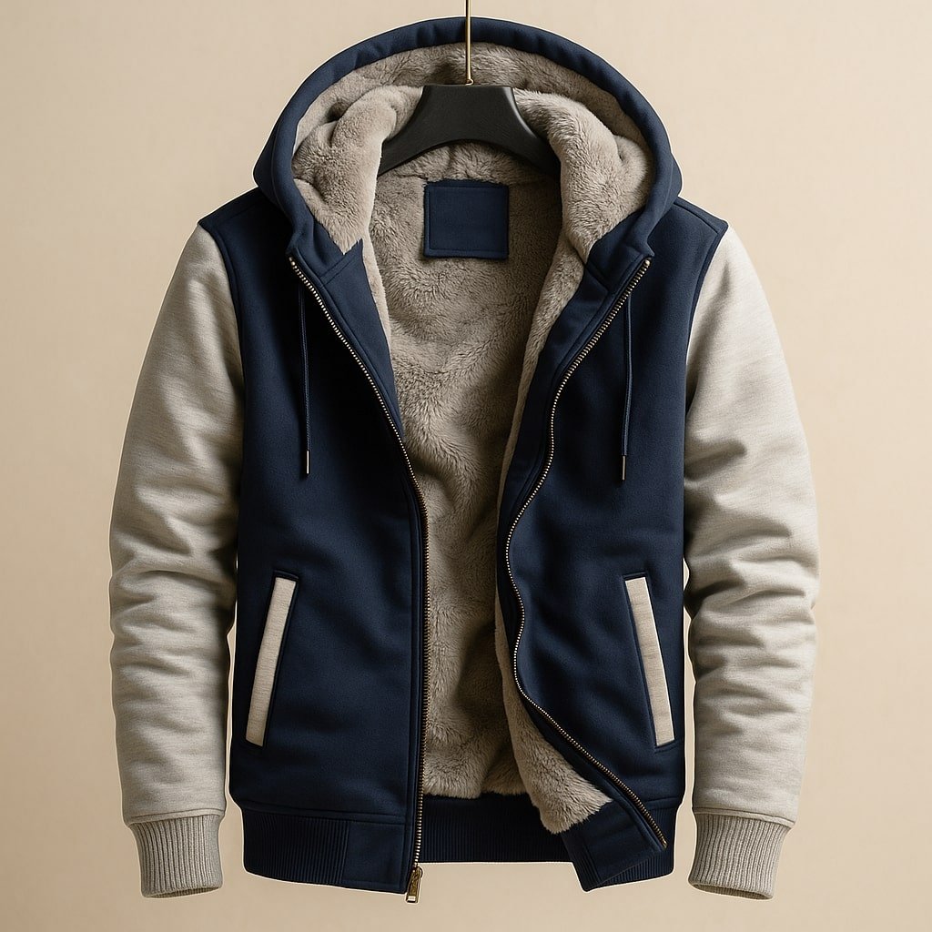 Men's Sherpa-Lined Hooded Varsity Jacket - Blue/Grey