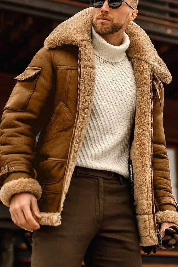 Men's Shearling Aviator Jacket - Brown