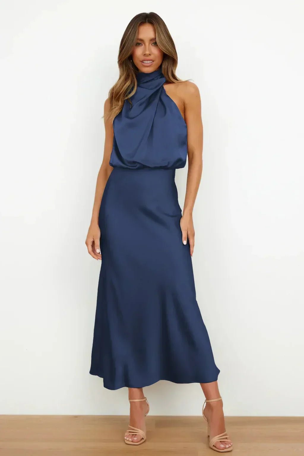 Women's Halter Satin Midi Dress - Marine Blue