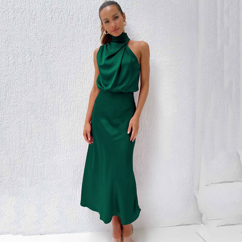 Women's Halter Satin Midi Dress - Dark Green
