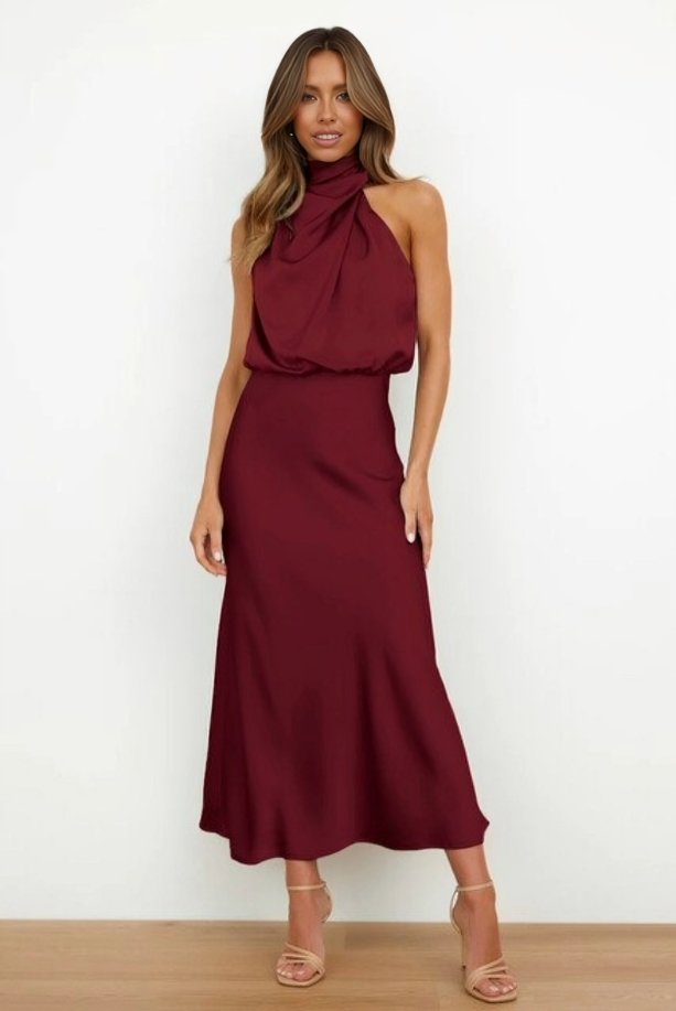 Women's Halter Satin Midi Dress - Burgundy Red