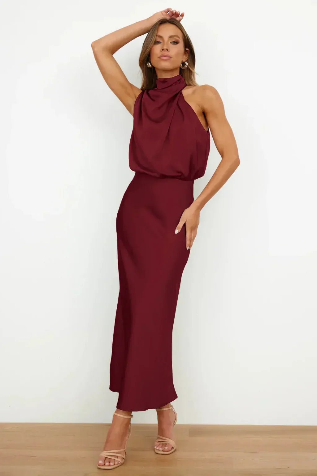 Women's Halter Satin Midi Dress