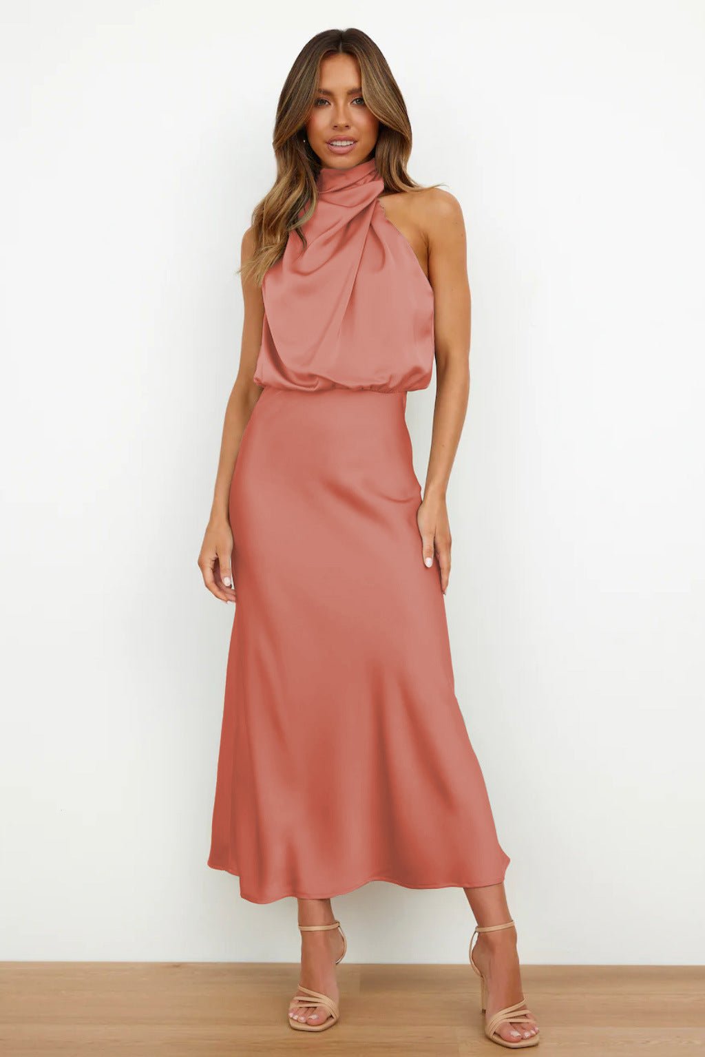 Women's Halter Satin Midi Dress - Coral Pink
