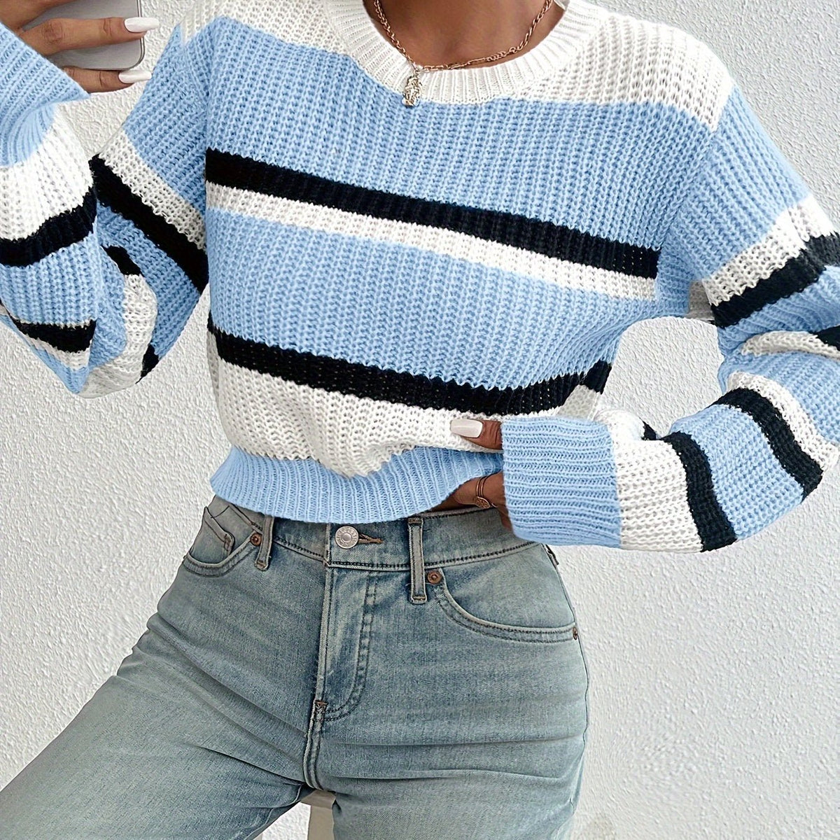 Women's Striped Cropped Jumper - Sky Blue