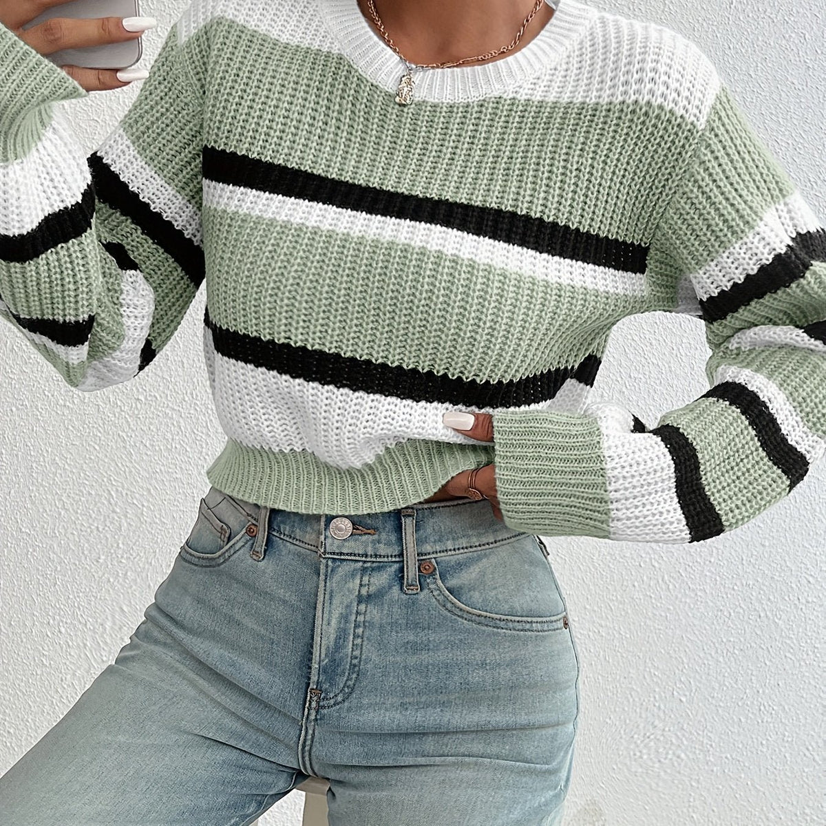 Women's Striped Cropped Jumper - Yellow-green
