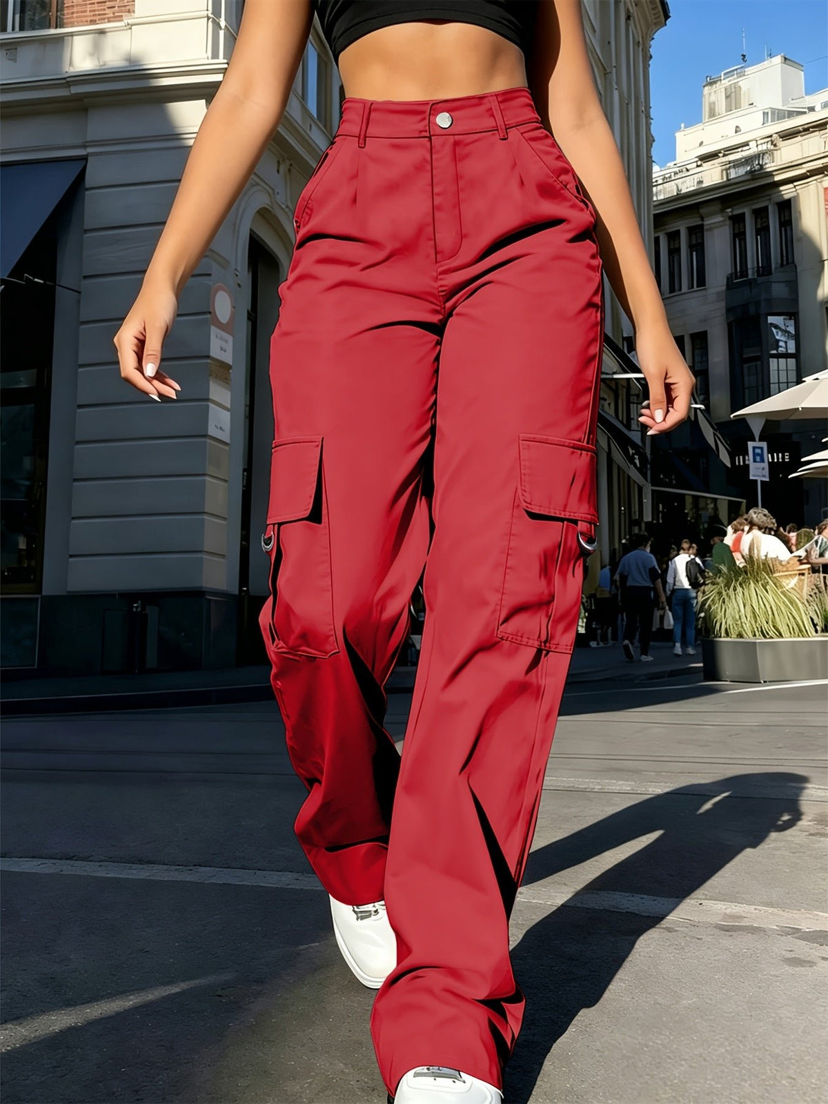 Women's High-Waisted Wide-Leg Cargo Trousers - Red