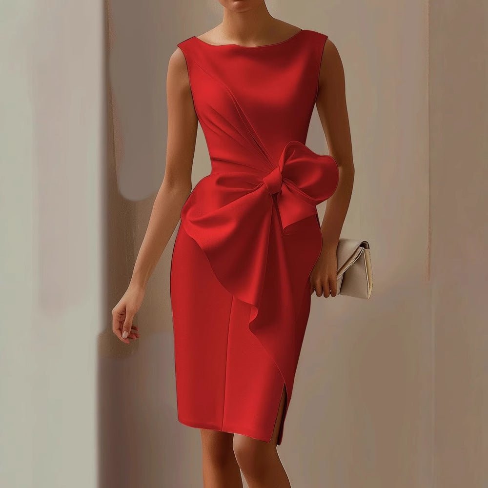 Women's Satin Bodycon Midi Dress - Red