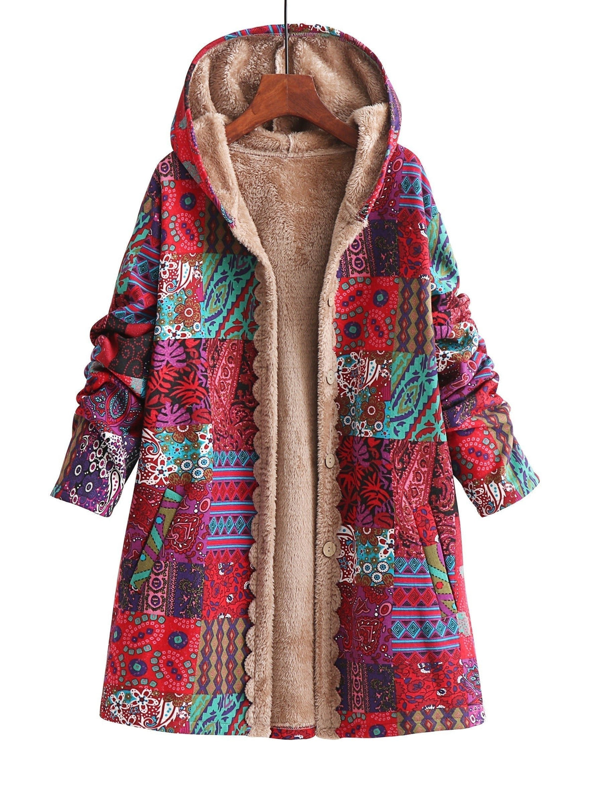 Women's Hooded Longline Wool Coat - Red