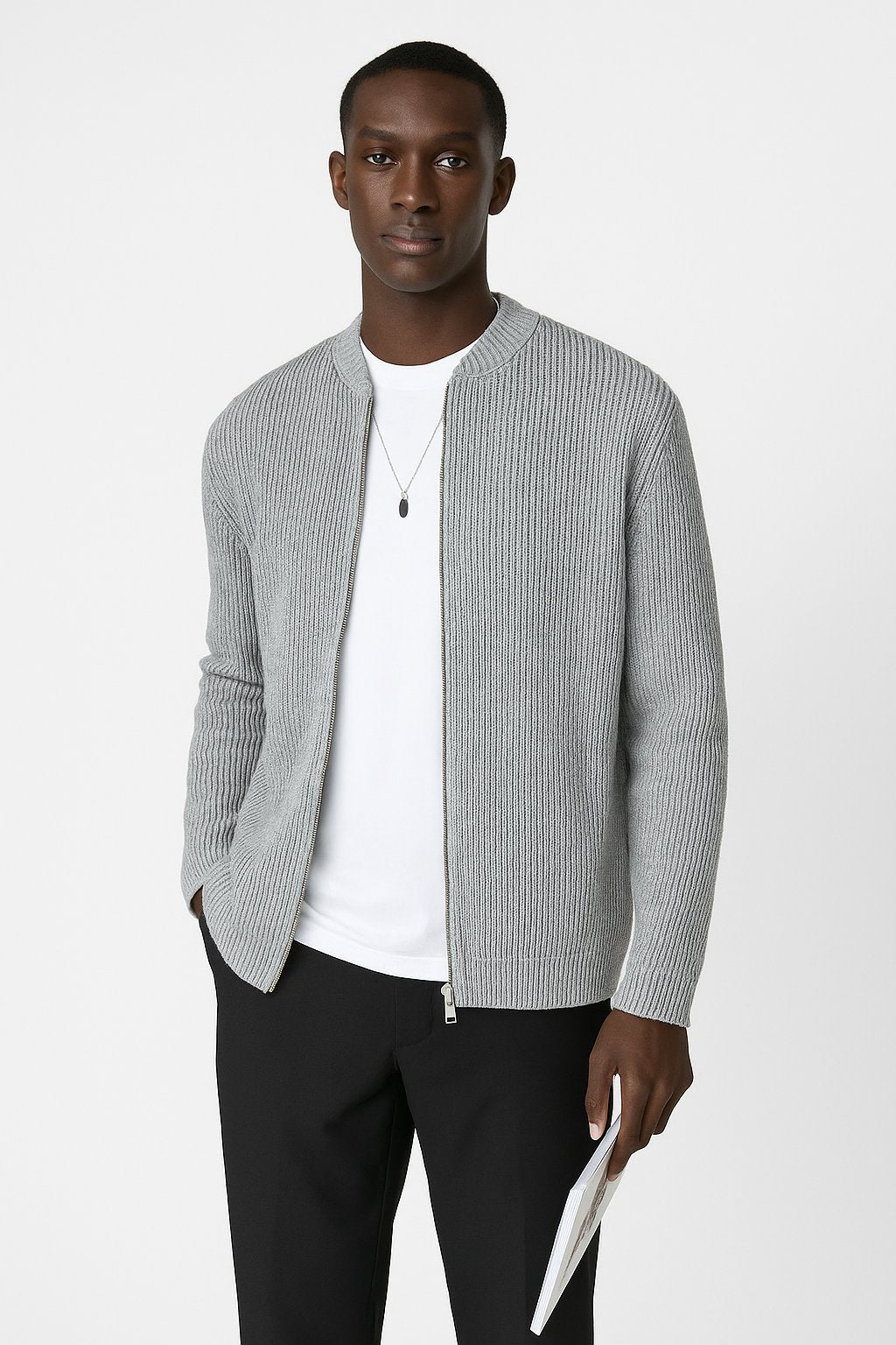 Men's Ribbed-Knit Zip-Up Cardigan - Gray