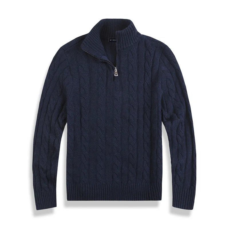 Men's Quarter-Zip Cable Knit Jumper - Navy Blue