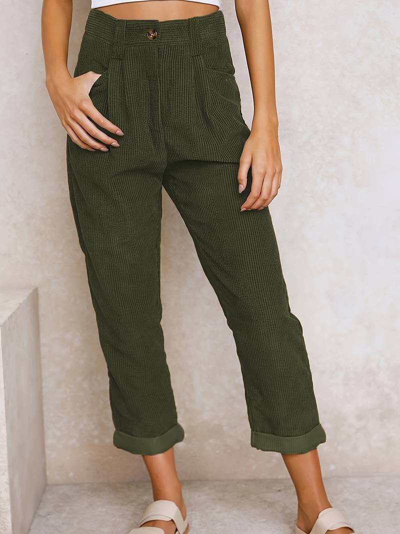 Women's High-Waisted Corduroy Trousers - Army Green
