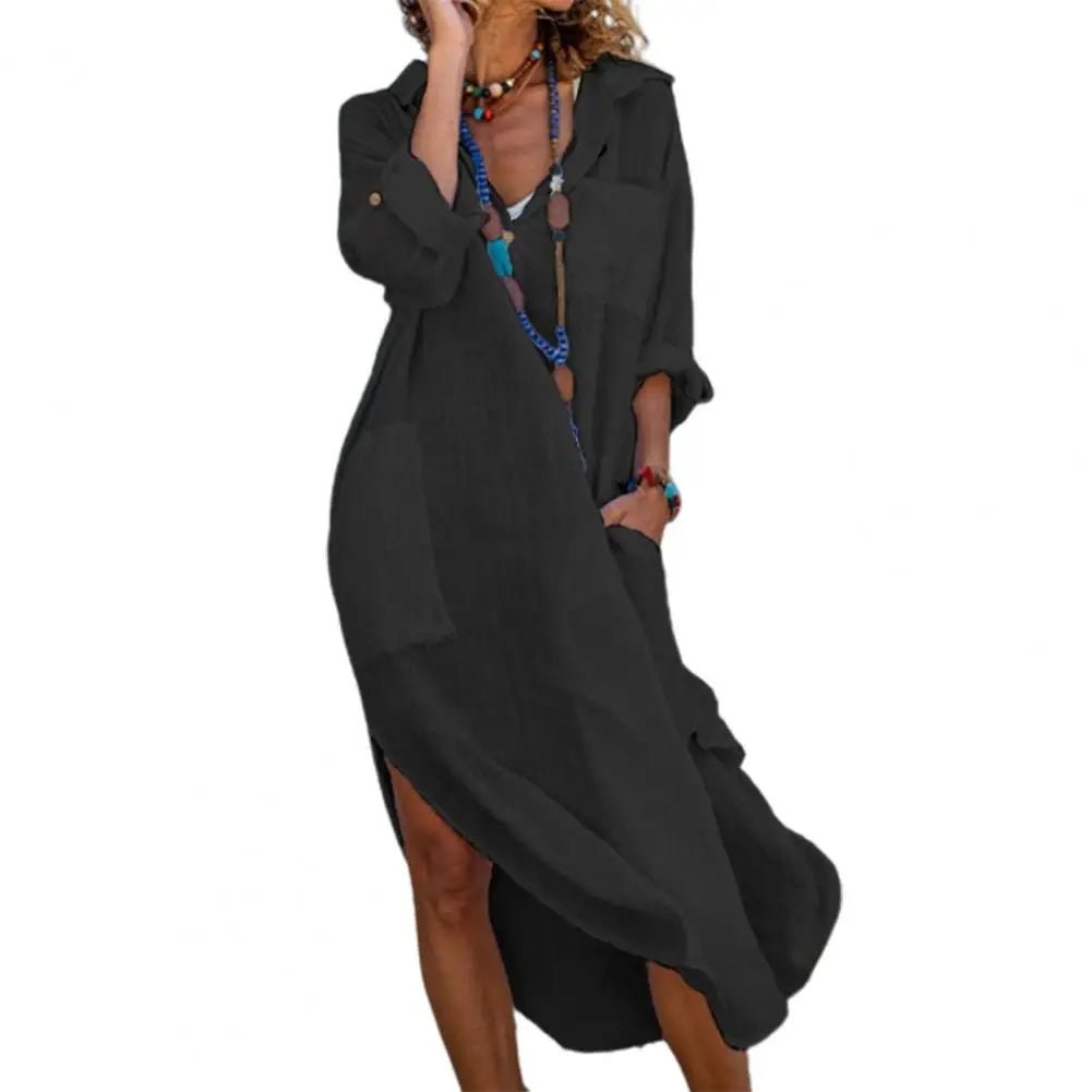 Women's Long Sleeve Oversized Beach Shirt Dress - Black